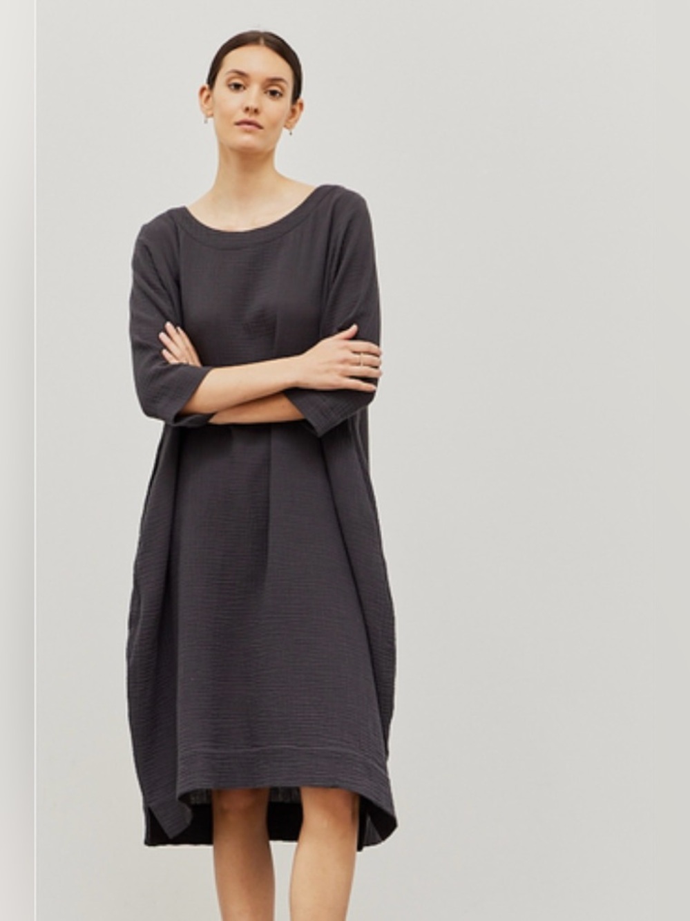 NWT Grade & Gather Cotton Gauze Asymmetrical Shift Dress in Charcoal Gray S Boho